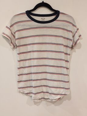Madewell White Short Sleeve Striped Crewneck Tee with Navy Trim